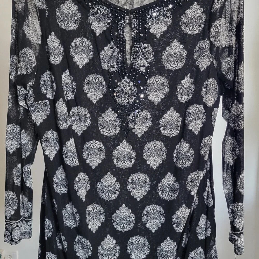 INC Botanical Paisley Black Semi-Sheer Plus Size Woman’s Sequin Top (Size: 2X) - Picture 7 of 12